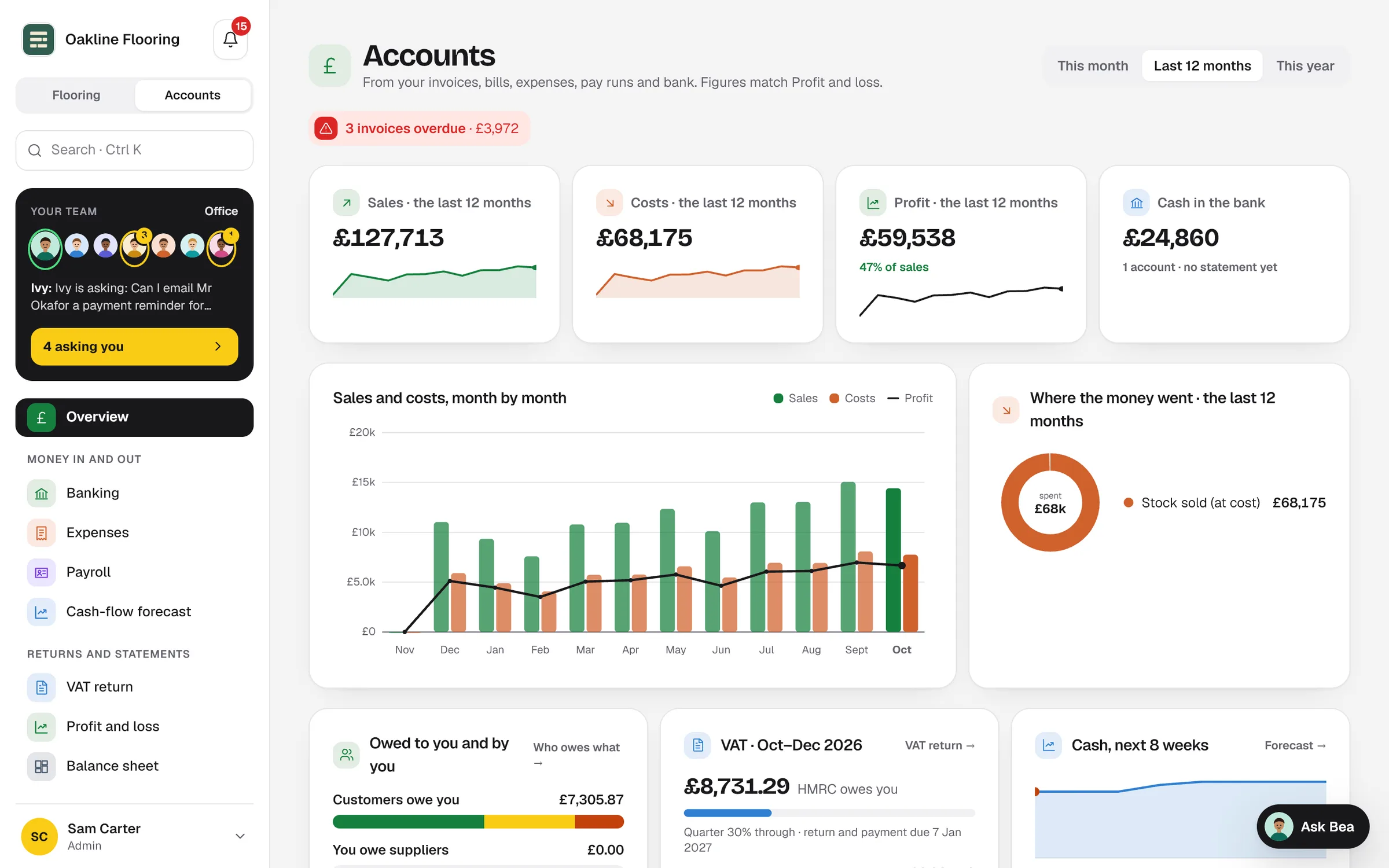 Seamvo's Accounts overview: sales, costs and profit for the last 12 months, cash in the bank, VAT and money owed