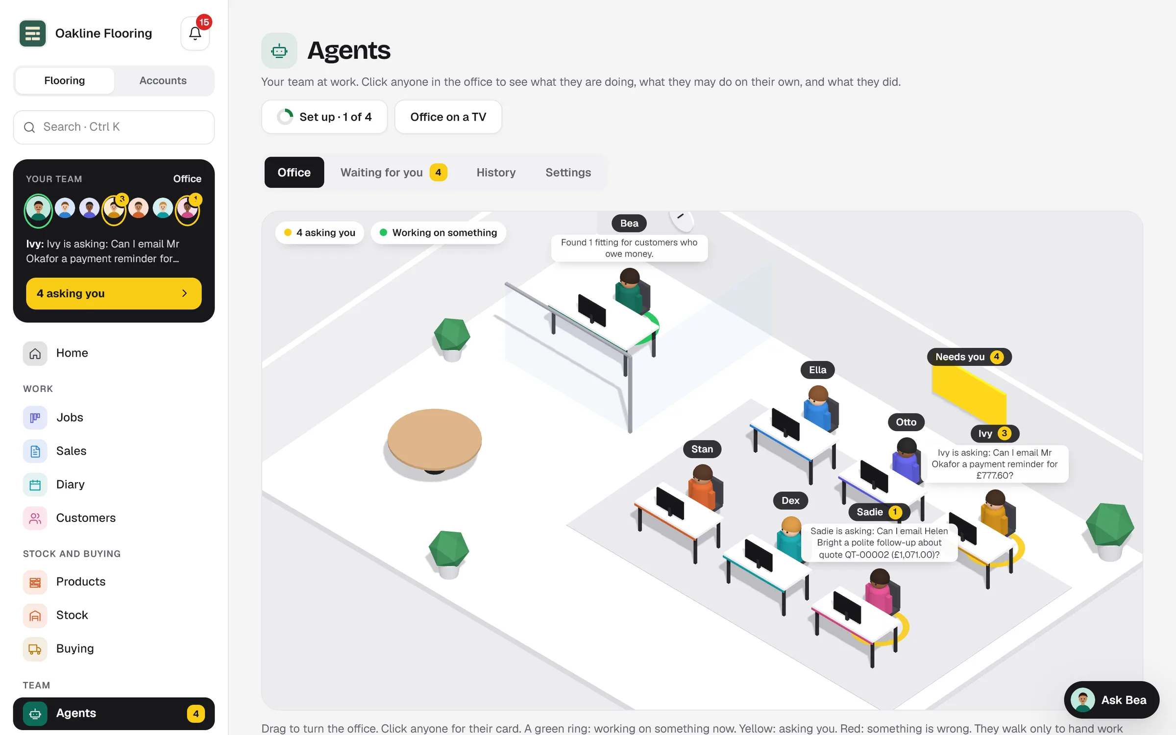 The agents' office in Seamvo: each agent at a desk, with the ones asking a question marked in yellow