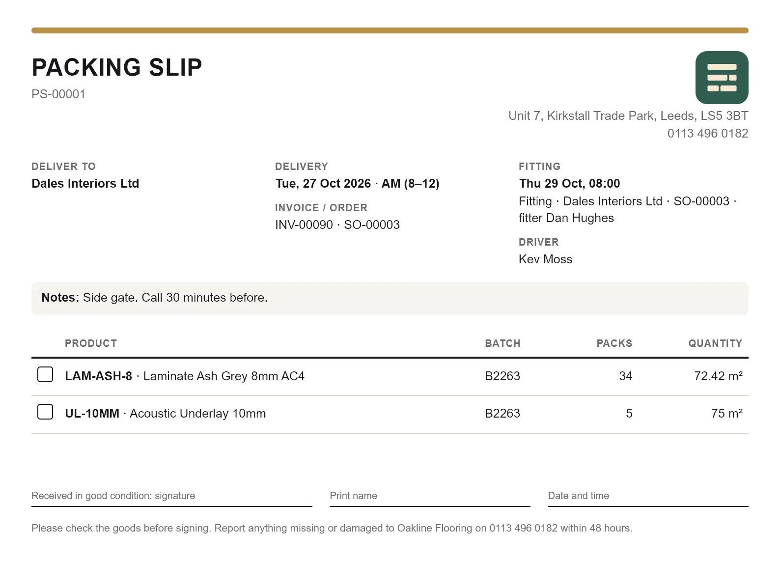 A Seamvo packing slip: the products in the load with batch and packs