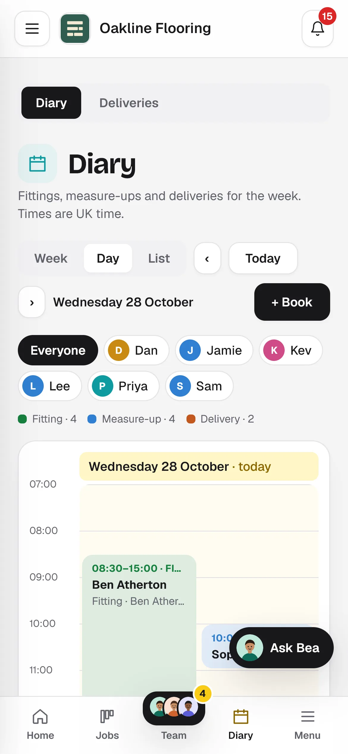 A fitter's day in Seamvo's diary on a phone