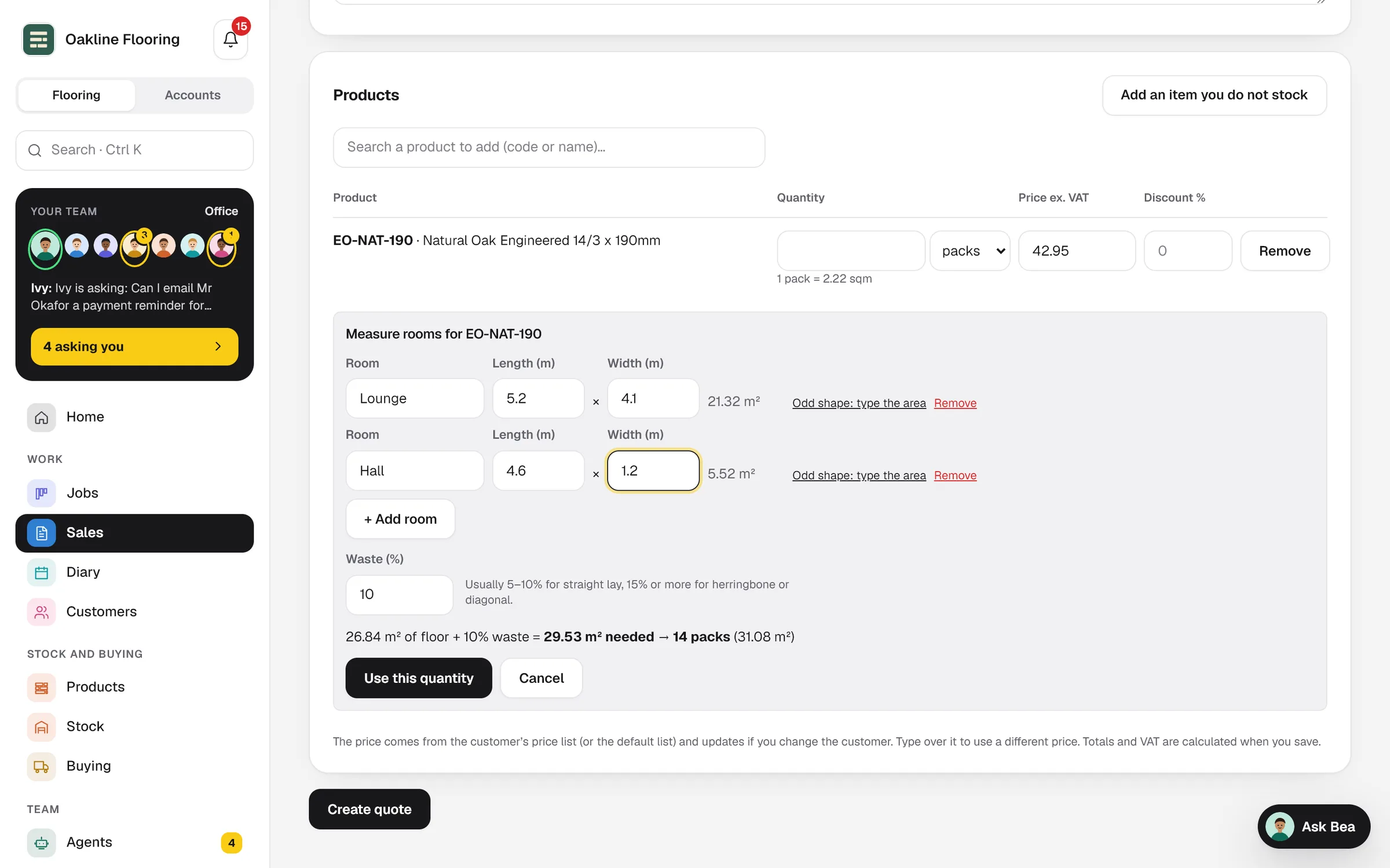 A new quote in Seamvo with the room calculator: two rooms measured, 10% waste added, rounded to 14 packs