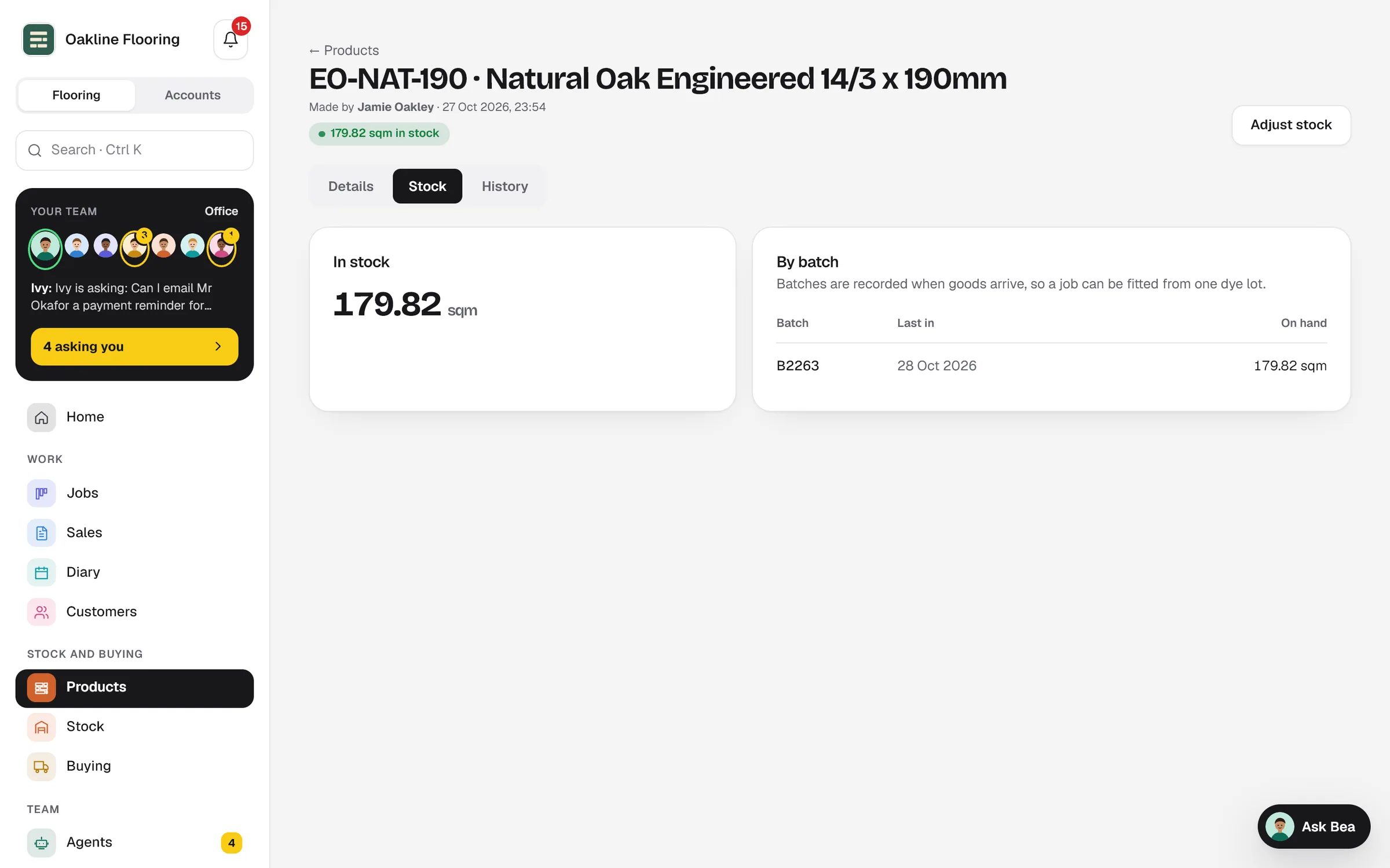 A flooring product in Seamvo showing the square metres in stock and the stock by batch